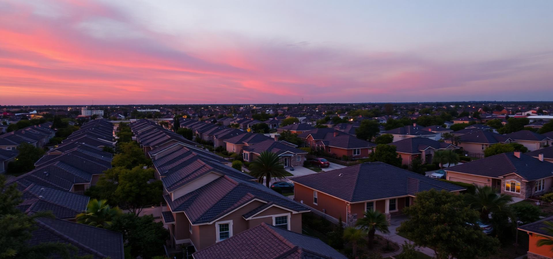 San Antonio neighborhood rooftops at dusk